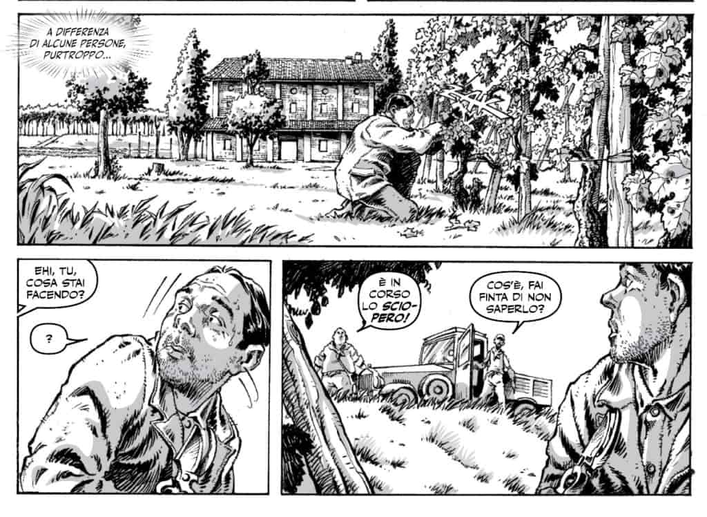 Sciopero generale e lavoro nei campi - da Don Camillo a fumetti 4, disegni di Roberto _Dakar_ Meli