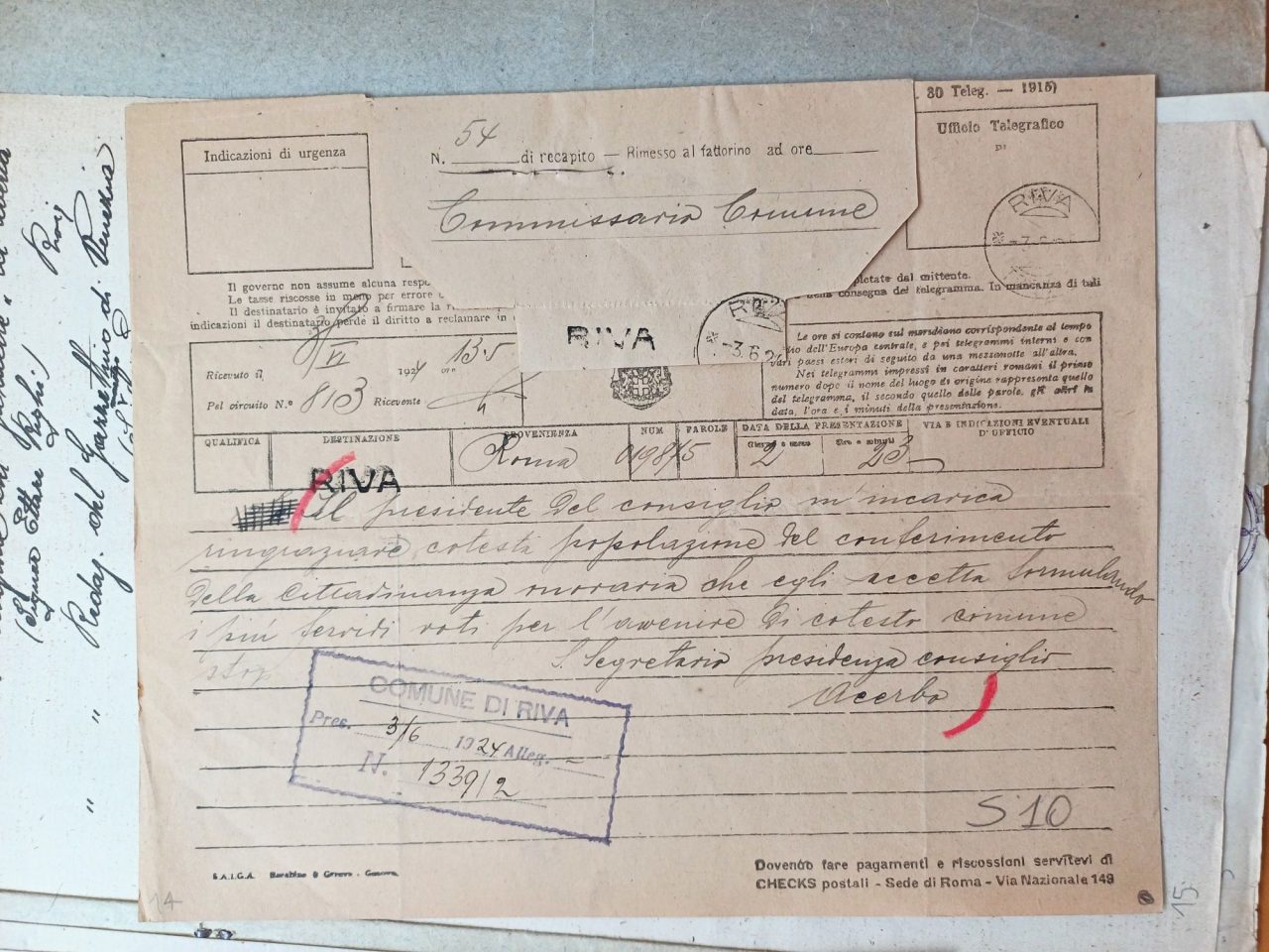 Telegramma Governo A RIVA SU MOSSOLINI