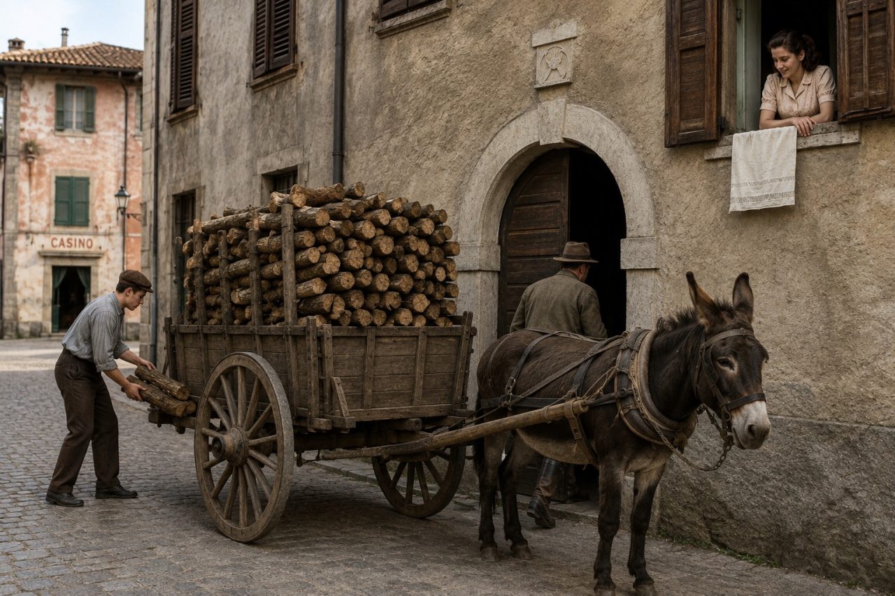 fanciulla carretto legna